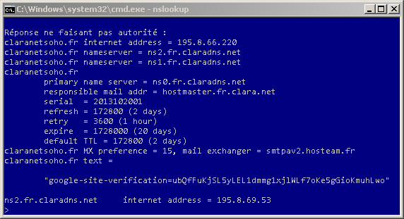 résultats du nslookup